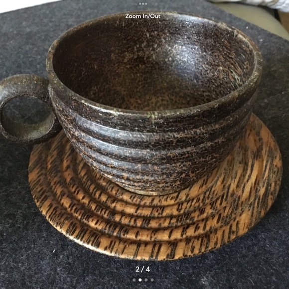 VINTAGE THAI PALM WOODEN SET OF 2 CUPS & 2 SAUCERS - Picture 2 of 4